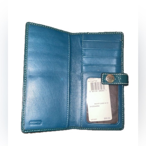 Coach Signature Canvas Patent Leather Wallet Monogram Teal Blue - Picture 3 of 10